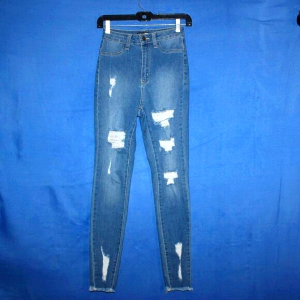 Fashion Nova High Rise Distressed Jeans Blue 3/26
